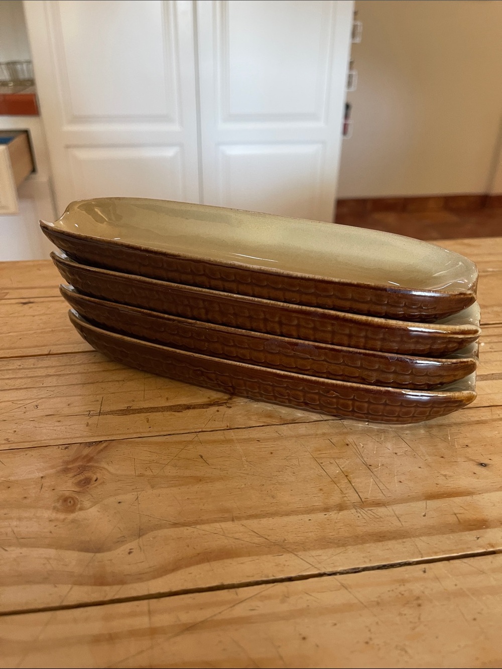 Stack of Brown and Cream Ceramic Serving Boats - Set of 4